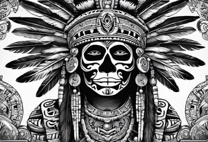 aztec god of death Mictlantecuhtli with long feathers around his head tattoo idea