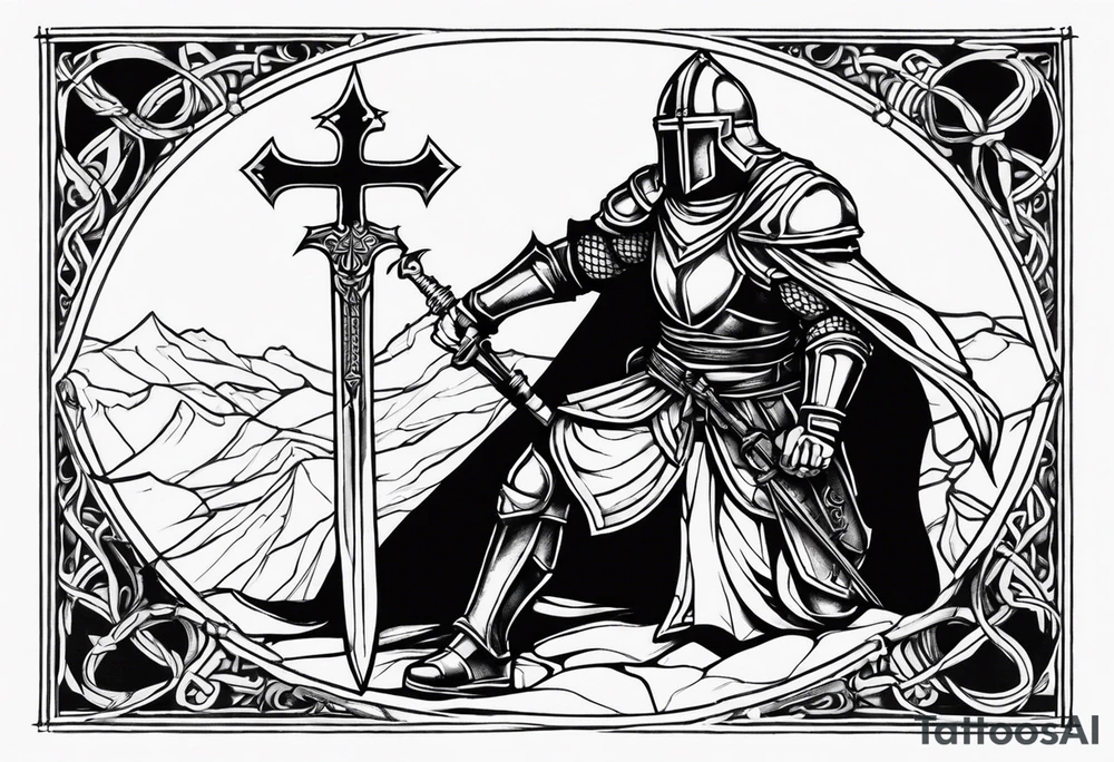 Crusader warriors with sword and cross, kneeling tattoo idea