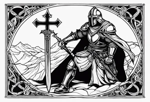 Crusader warriors with sword and cross, kneeling tattoo idea