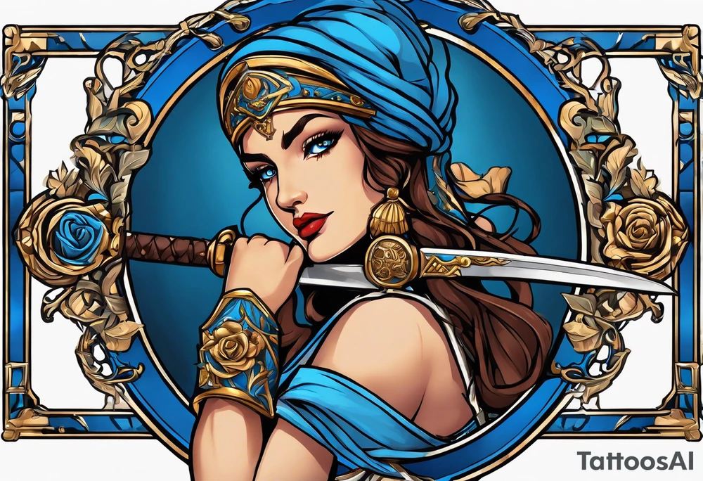 ancient rome clothes women, with svale in one hand and a sword in the other, blue rose frames, justicia tattoo idea