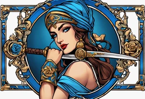 ancient rome clothes women, with svale in one hand and a sword in the other, blue rose frames, justicia tattoo idea