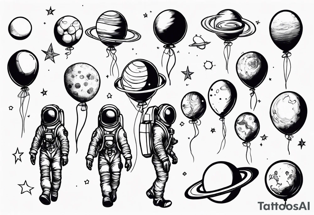 astronaut walking with balloons but balloons are planets tattoo idea