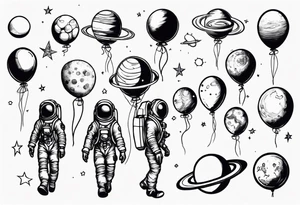 astronaut walking with balloons but balloons are planets tattoo idea