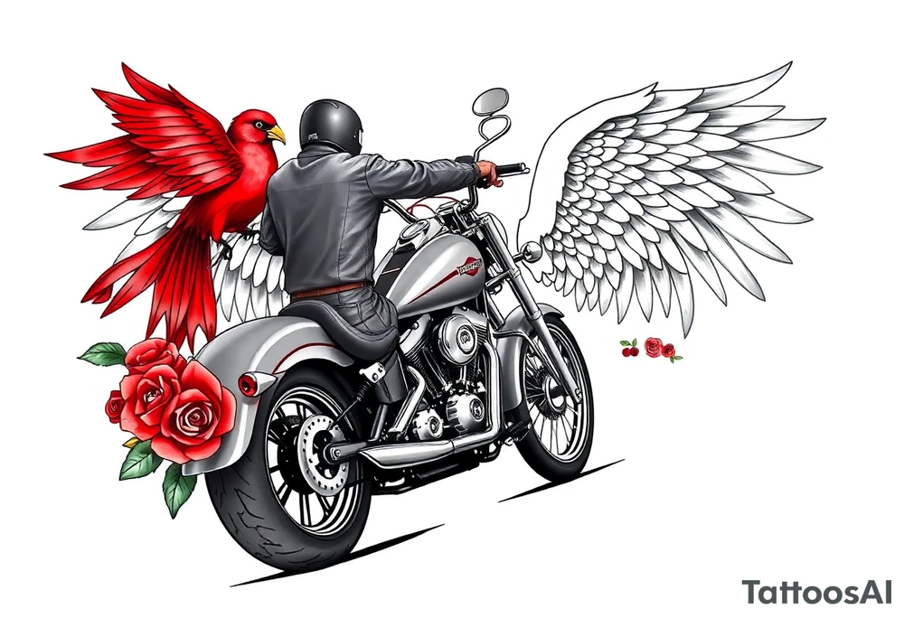 Harley grey motorcycle driving away, two red birds flying, roses, flames, angel wings tattoo idea