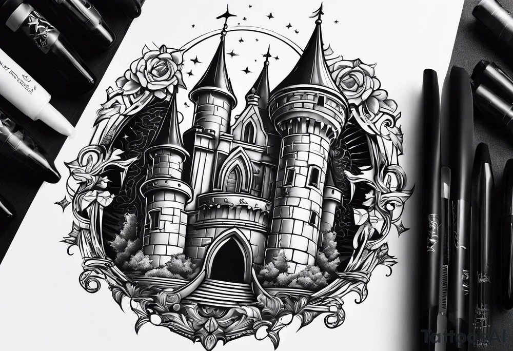 Cyber sigilism tatto with gothic castle tattoo idea
