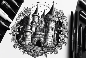 Cyber sigilism tatto with gothic castle tattoo idea