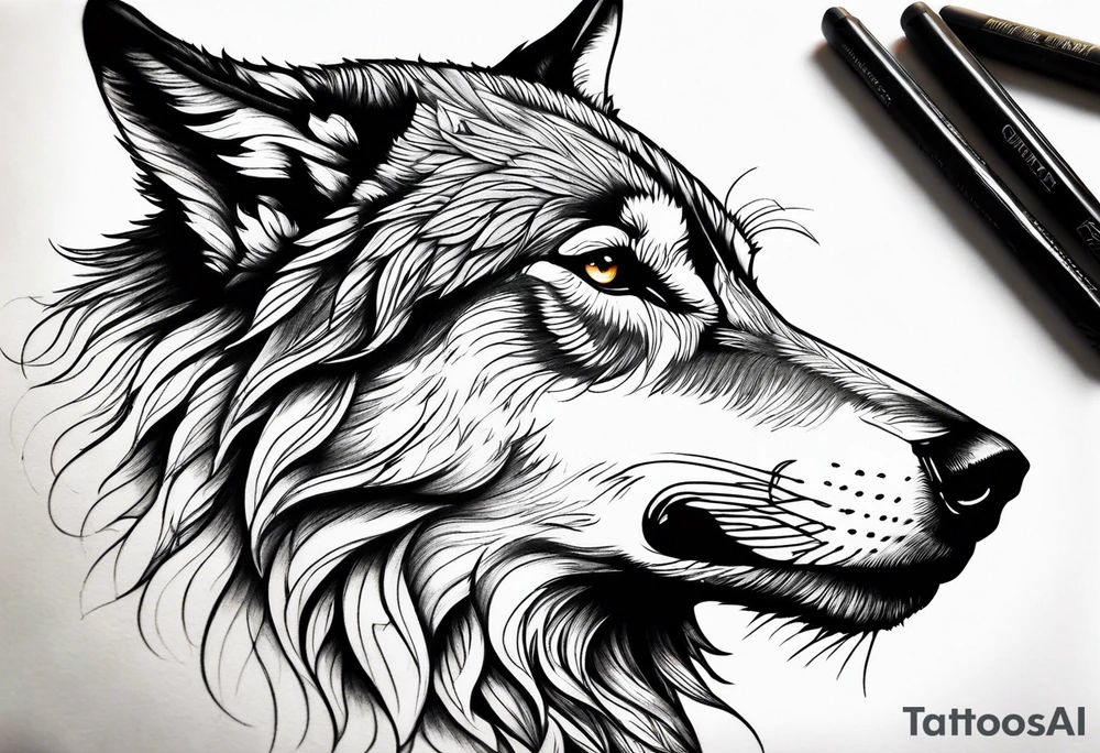 right side profile of a wolf face tattoo idea