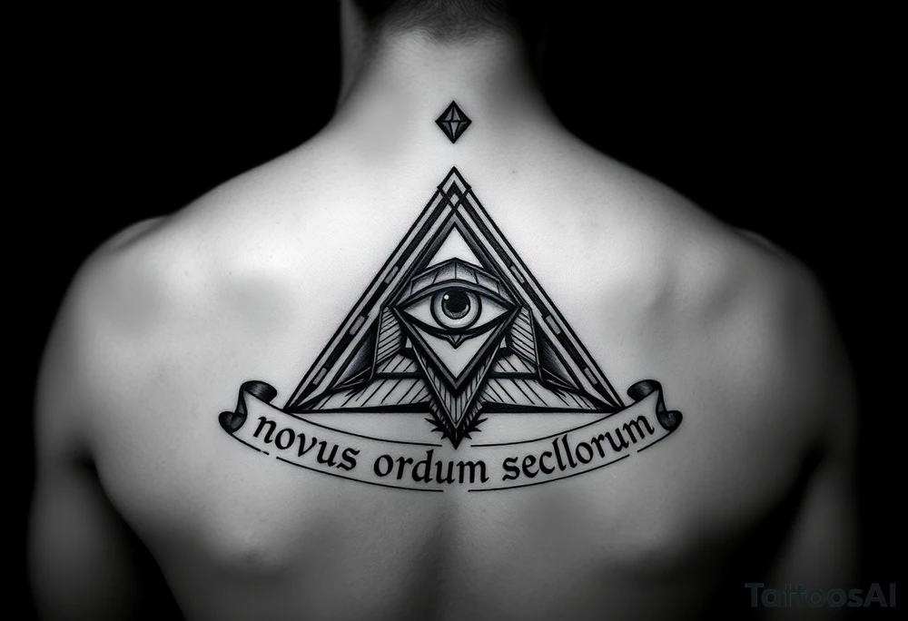 Pyramid with eye in the center, diamond on the top,surrounded by words - novus ordum seclorum tattoo idea