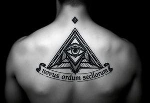 Pyramid with eye in the center, diamond on the top,surrounded by words - novus ordum seclorum tattoo idea