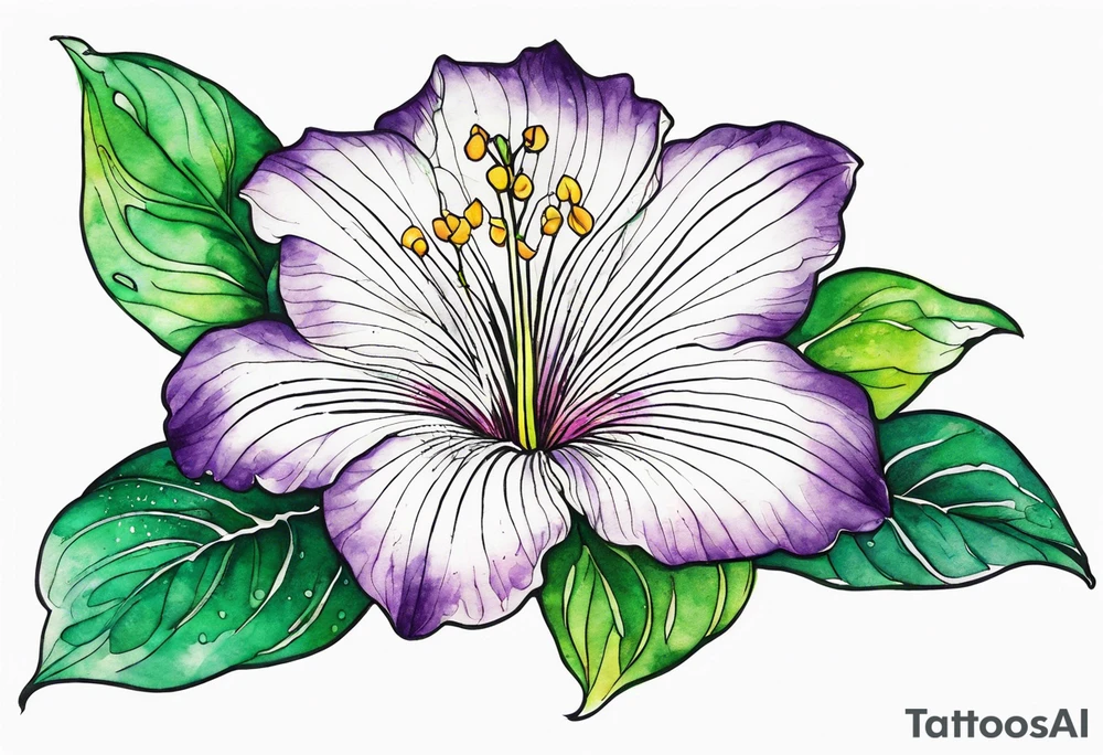 An outline of a rio dipladenia flower with a green and purple watercolor splash in the background tattoo idea