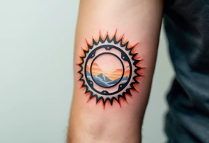 A cyclist’s chainring with the outer edges resembling a sunburst, using orange and yellow hues to create a radiant effect that captures the energy of a rider. tattoo idea