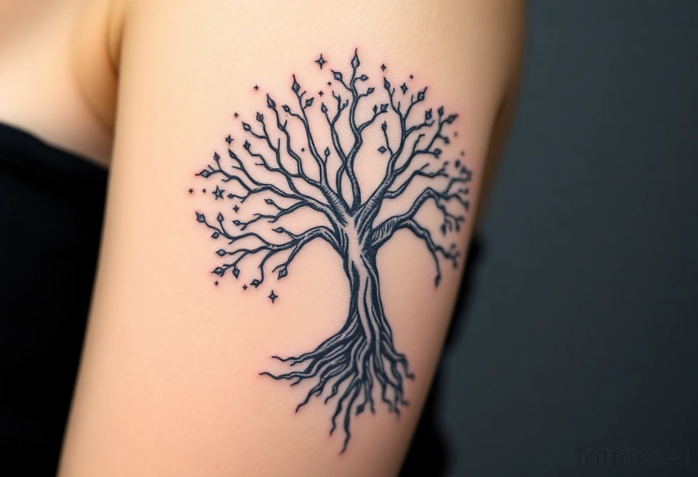 mystical tree of life with cosmic roots and celestial branches, stars 
more full tree and sparkles around ethereal tattoo idea