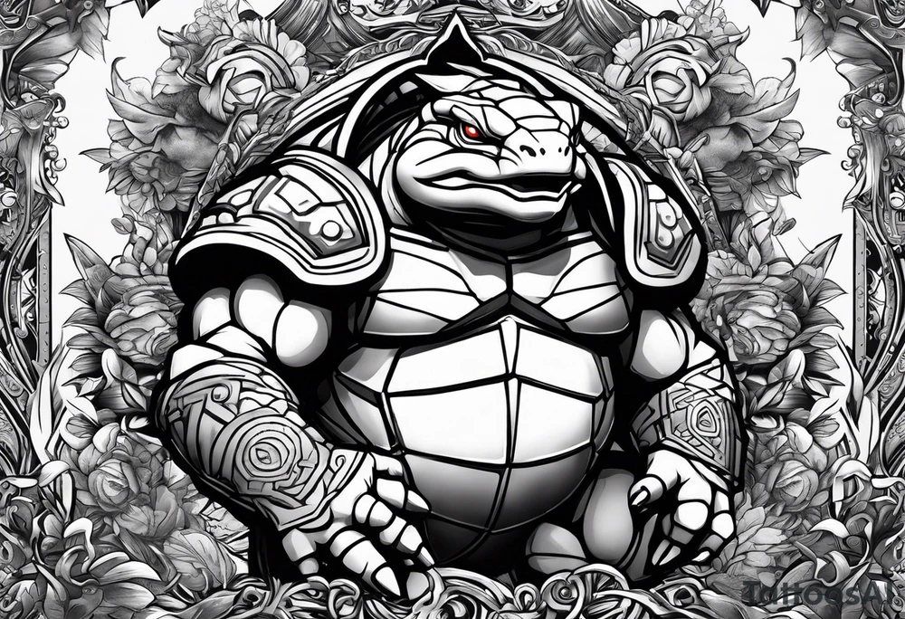 Blastoise angry with cannons on his shoulders tattoo idea