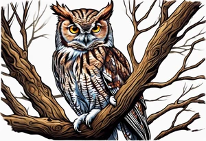 eastern screech owl on tree tattoo idea
