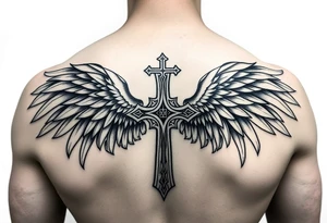 upper arm templar cross angel wings mystical tribal background tattoo idea