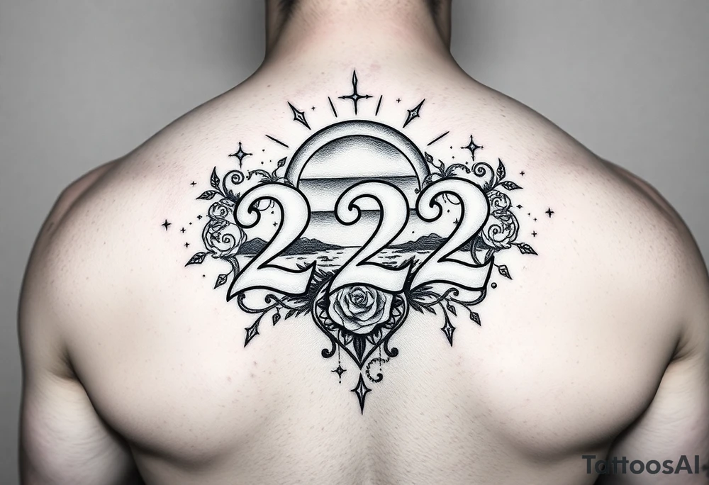 Bold 222 surrounded with sunset and love and stardust and vibration tattoo idea
