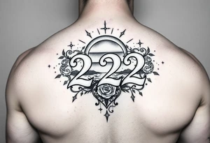 Bold 222 surrounded with sunset and love and stardust and vibration tattoo idea