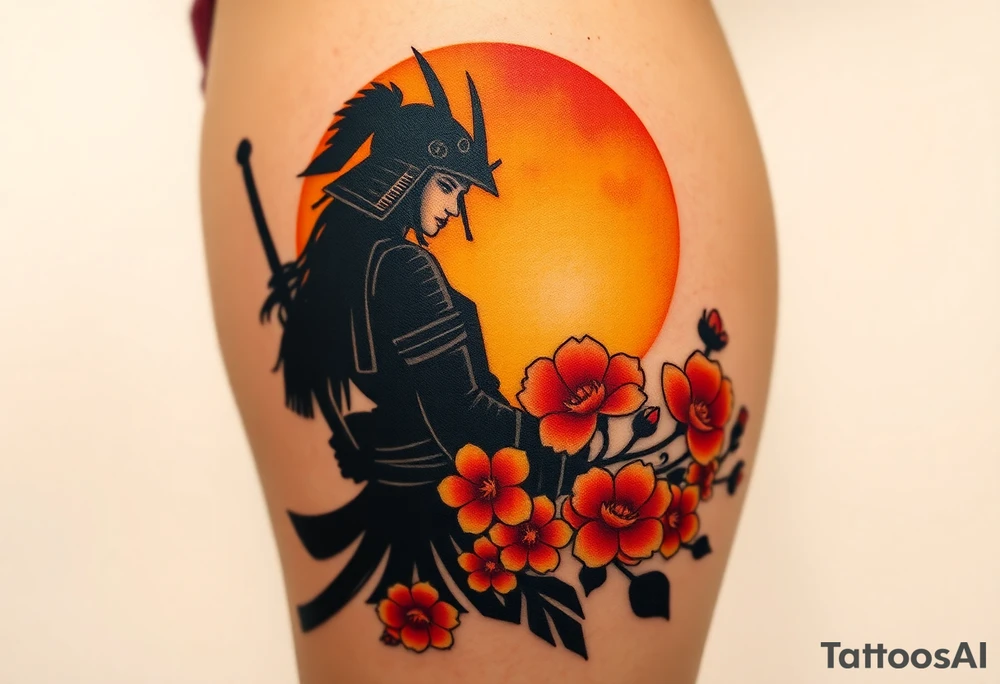 noble female samurai warrior silhouette at sunset with flowers, yellows and reds tattoo idea
