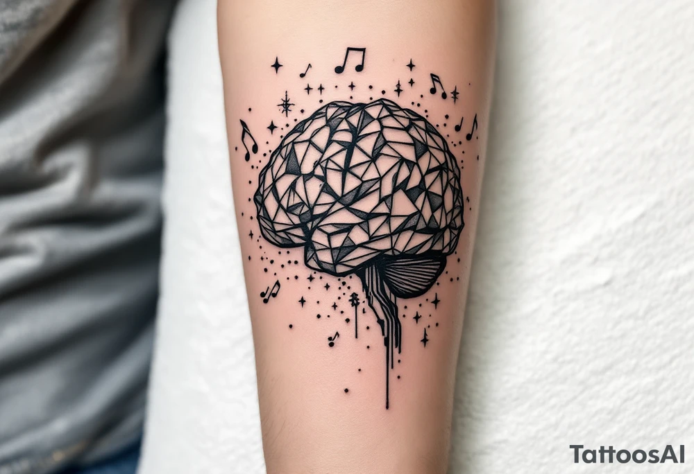 Tattoo inspired in the creativity of a gifted brain, with few watercolor details but mostly black, with words and musical symbols flying arround, with the phrase "It begins with a dream" tattoo idea