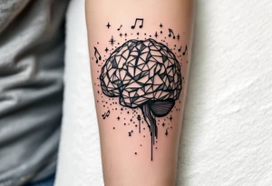 Tattoo inspired in the creativity of a gifted brain, with few watercolor details but mostly black, with words and musical symbols flying arround, with the phrase "It begins with a dream" tattoo idea