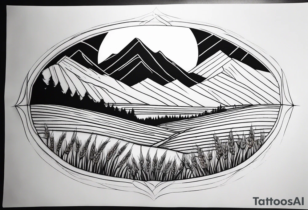 negative blackwork with mountains, hills and wheat field at bottom tattoo idea