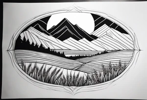 negative blackwork with mountains, hills and wheat field at bottom tattoo idea