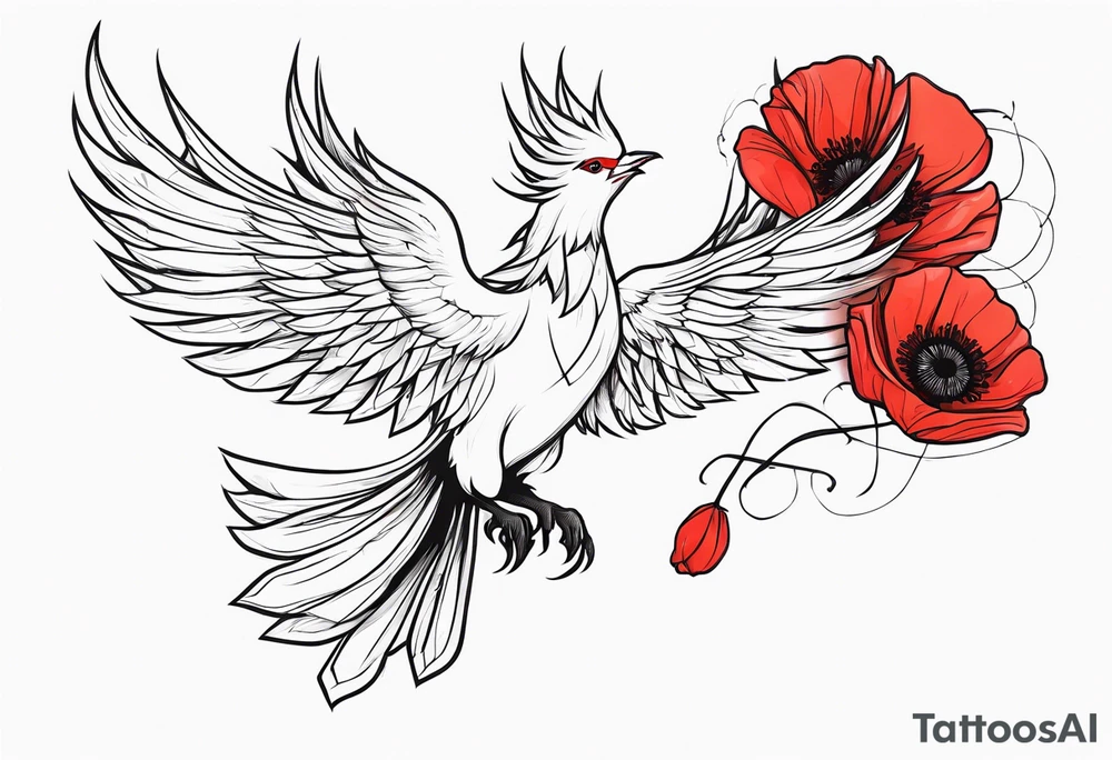 abstract pheonix holding red poppies in flight tattoo idea