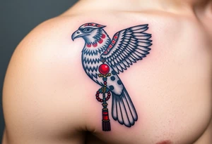 An Egyptian Falcon (Horus) Carrying a Rosary (only red , blue and black are possible colors) tattoo idea