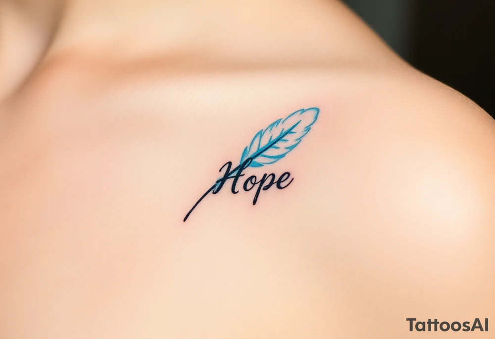 A delicate white and baby blue feather, softly blending into a cloud-like texture, with the word "Hope" inscribed in calligraphy, evoking purity and new beginnings tattoo idea