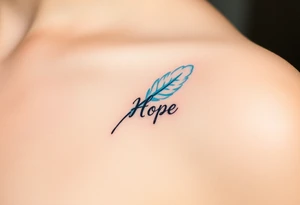 A delicate white and baby blue feather, softly blending into a cloud-like texture, with the word "Hope" inscribed in calligraphy, evoking purity and new beginnings tattoo idea