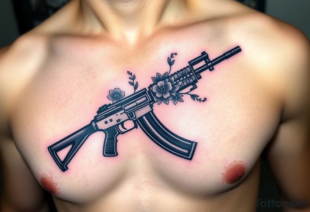 ak 47 black silhouette with floreal details tattoo idea