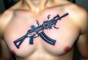 ak 47 black silhouette with floreal details tattoo idea