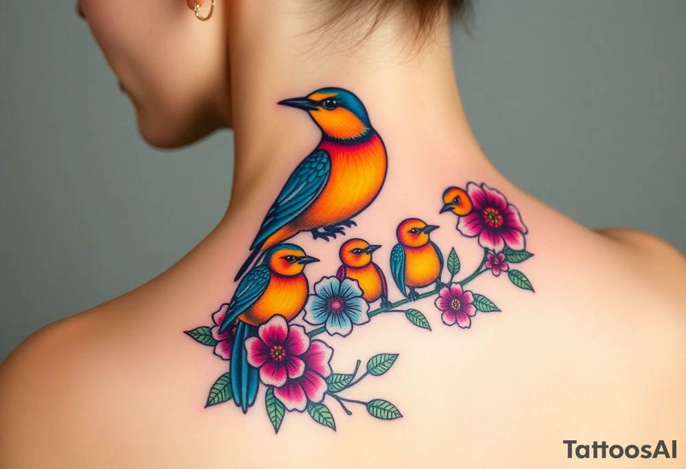 Mom bird and three baby birds with flowers tattoo idea