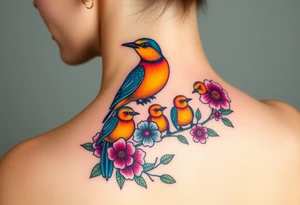Mom bird and three baby birds with flowers tattoo idea