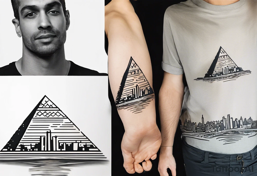 Craft a concise yet powerful tattoo that blends the Pyramids of Giza with the Manhattan skyline as the backdrop, seamlessly integrating the Nile River with the Hudson River. Keep it simple, focusing on key elements like pyramid silhouettes and iconic skyscrapers, allowing the rivers to converge naturally. Opt for a balanced composition with minimal detailing, capturing the essence of your Egyptian heritage alongside your life in New York tattoo idea