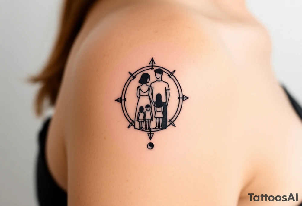 Magestic symbol of mom and dad with 3 kids surrounded by geometric patterns, Gemini sign, and ying yang tattoo idea
