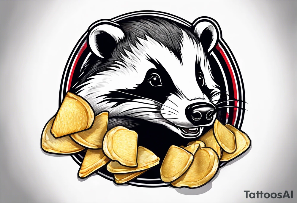 Angry badger with mouth open holding bag of chips tattoo idea