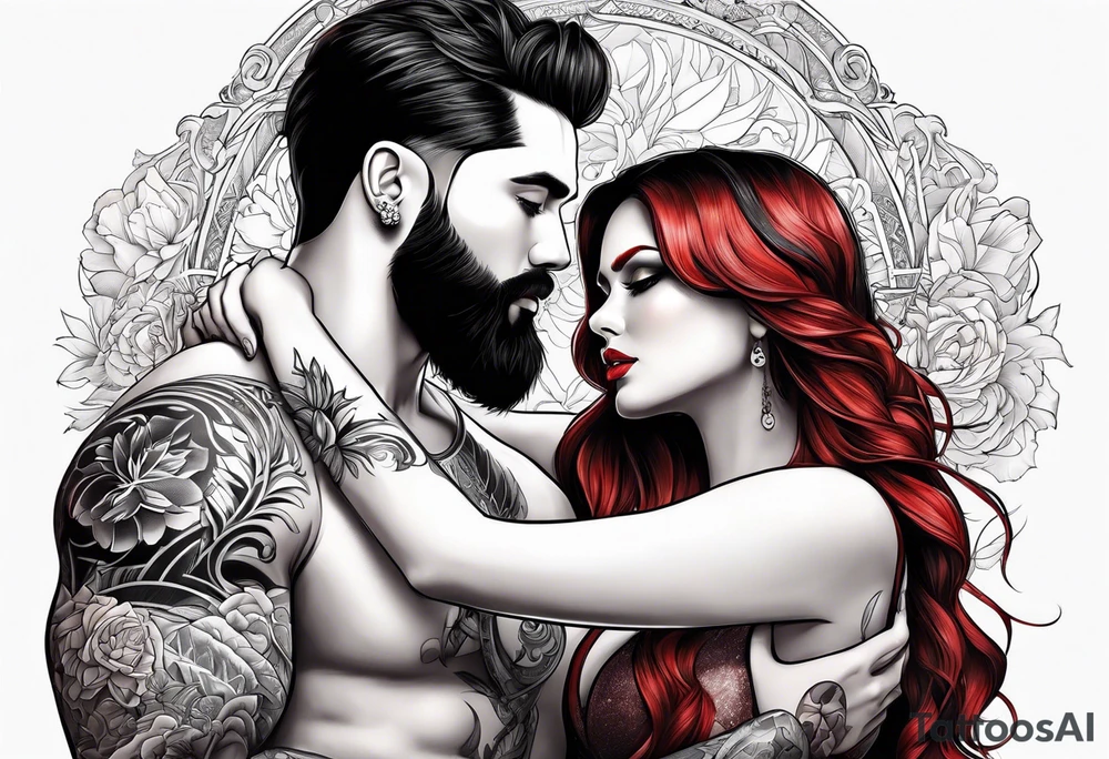 Busty red haired woman with a bearded man who has black hair tattoo idea