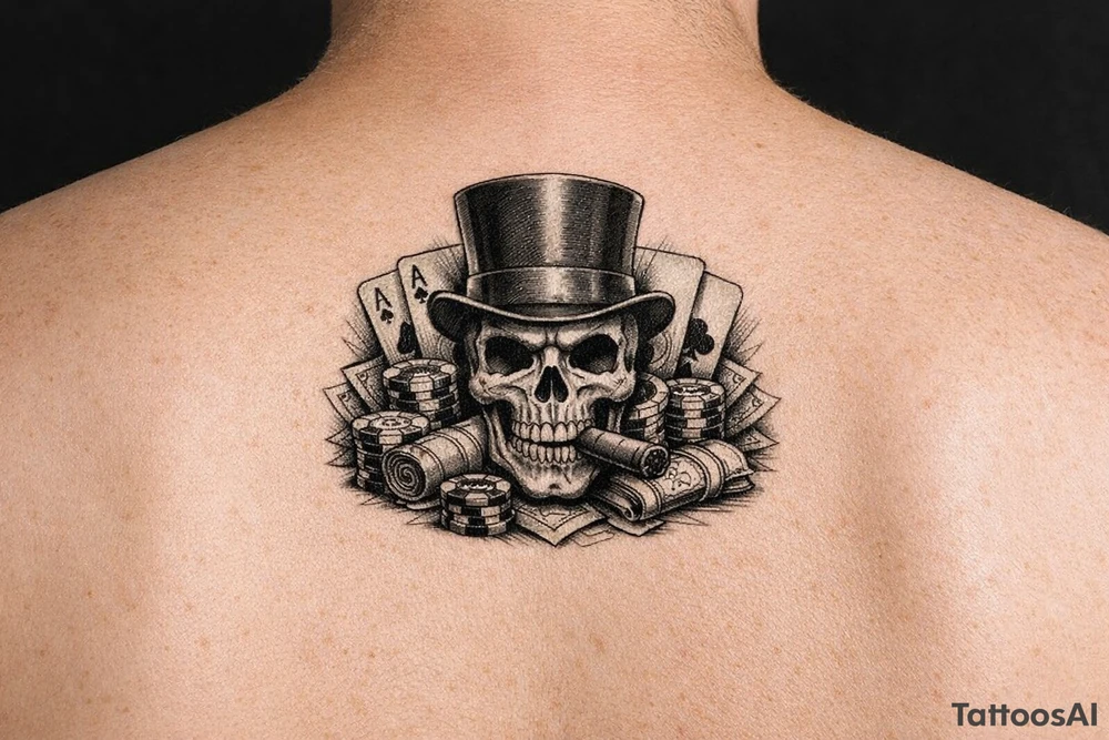 skull with cigar in his mouth,top-hat surrounded by poker-chips,paying cards and money. tattoo idea