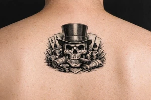 skull with cigar in his mouth,top-hat surrounded by poker-chips,paying cards and money. tattoo idea