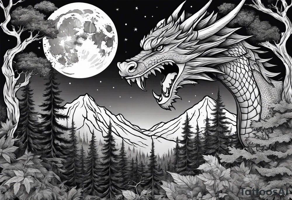 Dark forest with dragon flying over it in front of the moon tattoo idea