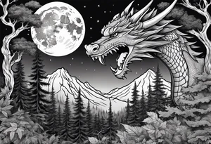 Dark forest with dragon flying over it in front of the moon tattoo idea