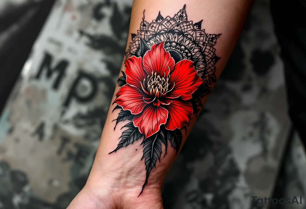 red  and black rhododendron trippy with mandala behind tattoo idea