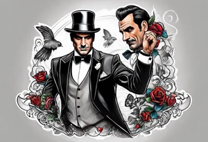 Don Draper dancing with a mouse wearing a tuxedo in the mafia tattoo idea