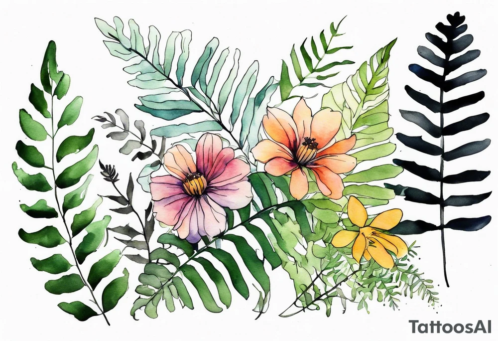 wild flowers with ferns all watercolor tattoo idea
