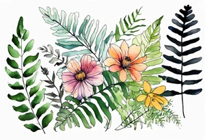 wild flowers with ferns all watercolor tattoo idea