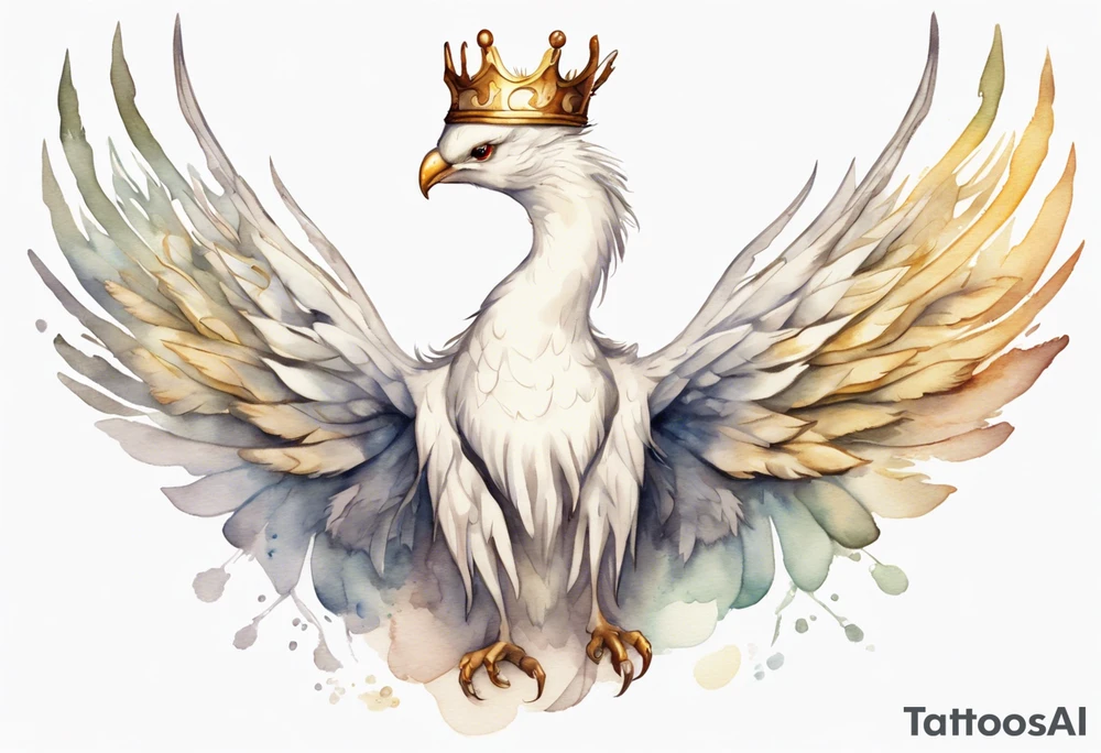 a watercolor of a white bird-serpent hybrid wearing a plain crown, with light gold wing feathers tattoo idea