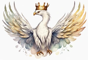 a watercolor of a white bird-serpent hybrid wearing a plain crown, with light gold wing feathers tattoo idea