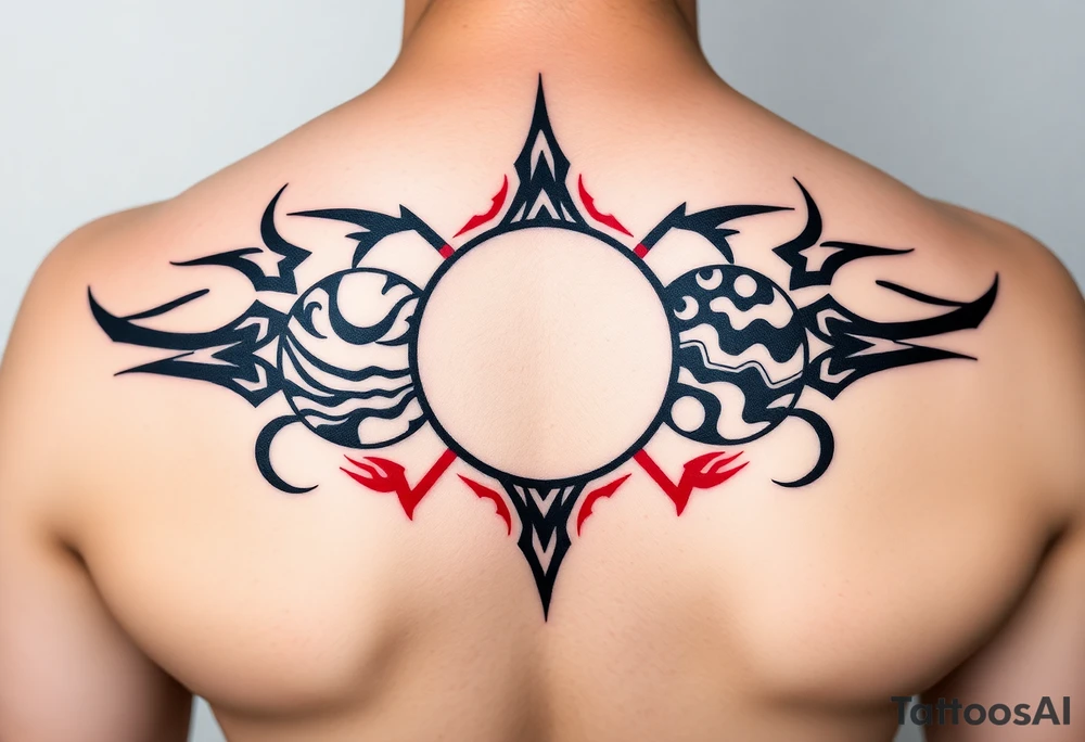 three planets horizontal. Color Black and red with more black tattoo idea