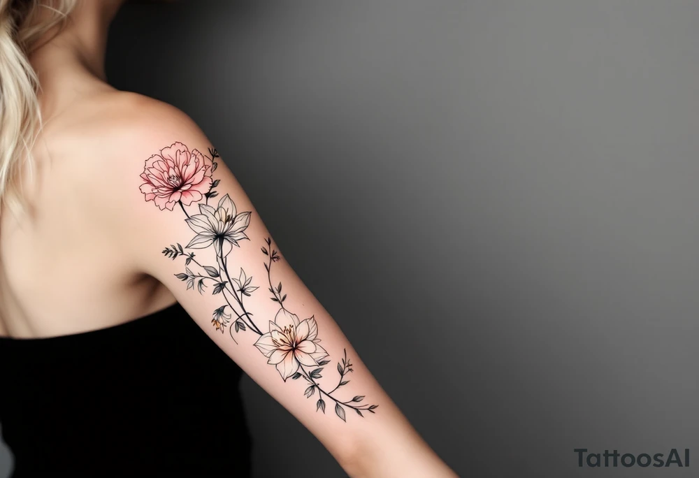 Carnation, Snowdrop, Larkspur, Water Lily, Daffodil, Clover tattoo idea